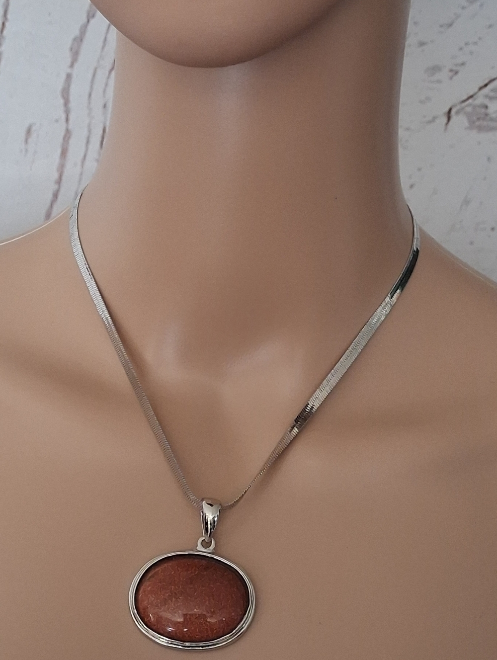 Silvertone Necklace with Brown Glittery Stone Pendant